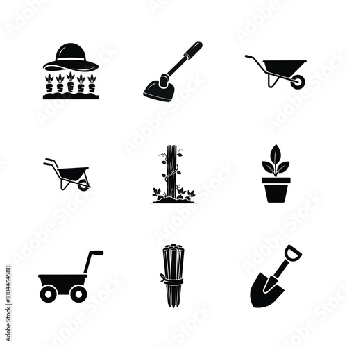 Collection of gardening tools and plants icons