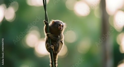 Adorable tiny pygmy marmoset monkey clinging to a thin vine in a lush green forest.
