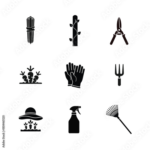 Collection of simple black and white garden tools and supplies icons