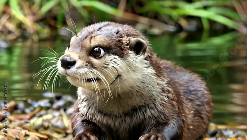 Otter by riverbank looking at camera with wet fur in natural outdoor river scene