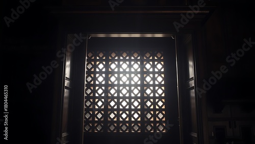 confessional. A vintage wooden confessional booth with light filtering through its lattice grill. event programs, museum guides, designed for cultural heritage projects and event programs.
