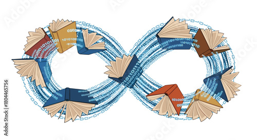 Infinity symbol made of open books and flowing blue lines, Generative AI.