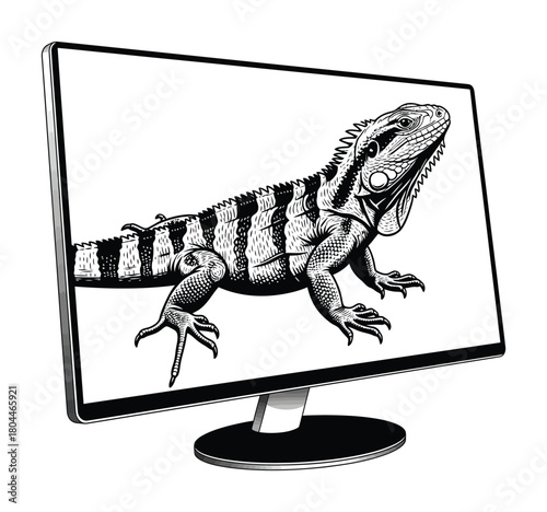 Monitor screen displaying detailed iguana illustration black and white eps silhouette