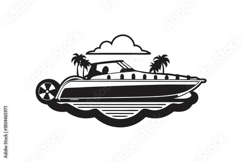 Isolated black silhouette displays a boat with palms, waves, and cloud on white
