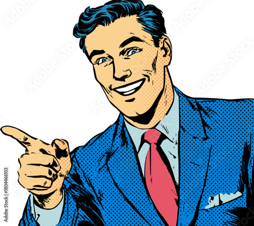 Businessman in blue suit confidently pointing finger for directing attention, leadership, and successful decision making in cartoon pop art illustration style