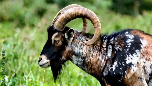 Ram with large curved horns standing in a green grassy field outdoors during daylight