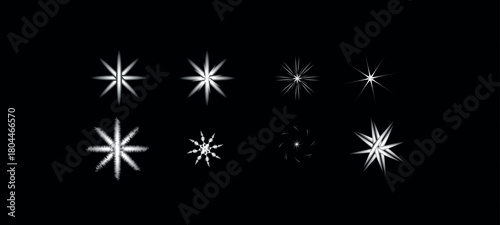 abstract radial starburst icon set featuring eight unique geometric variations with different point counts, blur levels, and symmetry styles, ideal for graphic design, pattern studies, and ui elements