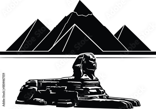 Black and white vector illustration of egyptian pyramids and sphinx eps silhouette