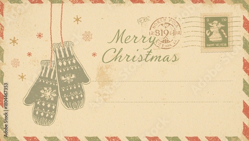 Merry Christmas vintage postcard with knitted mittens hanging and festive snowflakes
