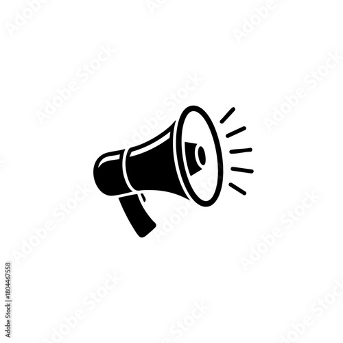 Bold black megaphone icon symbolizing announcement, communication, promotion, alert message, public speaking and broadcast notification for marketing and informational designs