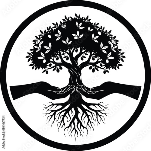 Tree of life logo design with hands holding roots and branches vector eps silhouette