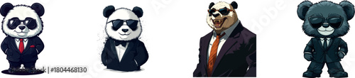 A cool cartoon panda is illustrated in a modern clip art style, wearing sunglasses and a suit, and incorporating simple gradients, with its head and body divided into separate layers