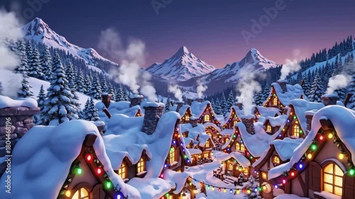 Magical Cartoon Christmas Village in Snowy Mountains at Twilight