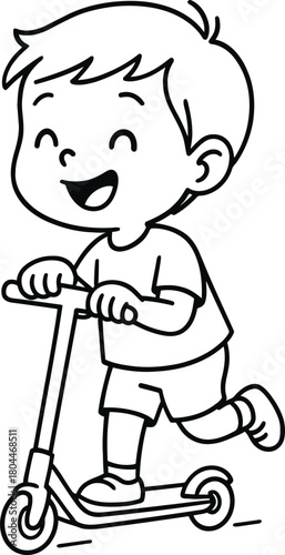 Joyful young boy happily riding a kick scooter outdoors