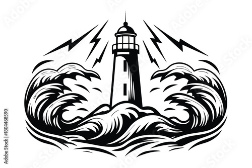 Lighthouse endures ocean storm amid striking lightning, waves crash relentlessly in monochrome