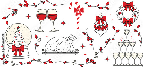 Festive Christmas and New Year Vector Set: Snow Globe, Turkey Dinner, Champagne Tower, Candy Cane, Wreath, and Wine Glasses, for Holiday Celebration and Party Graphics