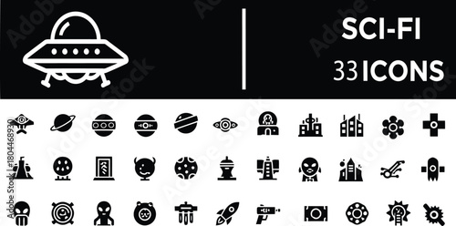 Sci-fi and space exploration solid black icons set vector design of futuristic technology universe alien planet rocket and modern imaginative symbols collection.