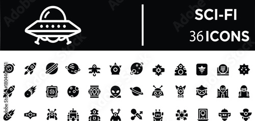 Sci-fi and science fiction solid black icons set vector design of space alien future technology outer universe exploration and modern imaginative symbols collection.