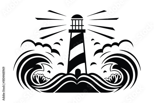 Lighthouse shining its light over the sea waves depicted in a black vector