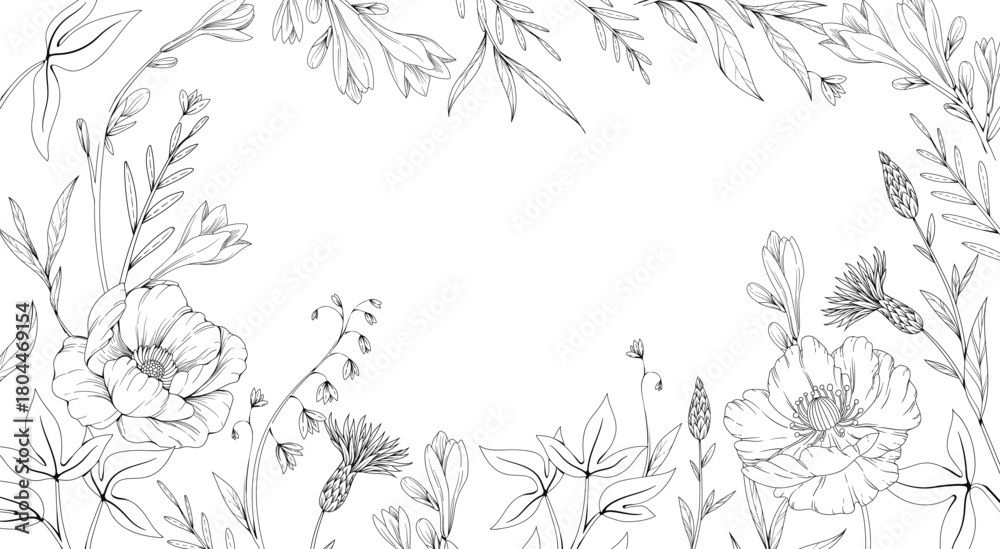 Fototapeta premium Floral bakground or wallpaper with tender flowers and leaves. Botanical foliage for wedding invitation or wall art. Vector illustration