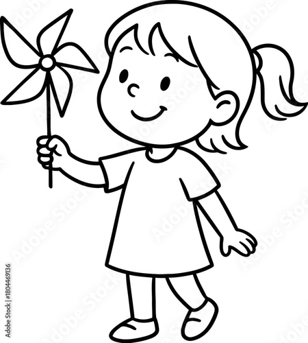 Happy cartoon girl holding a pinwheel outdoors