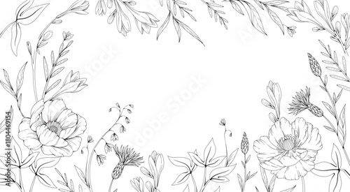 Floral bakground or wallpaper with tender flowers and leaves. Botanical foliage for wedding invitation or wall art. Vector illustration