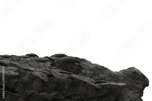 Rough, jagged dark grey rock formation, seen from a low angle, with a isolated transparent background. Textural, uneven surface suggests a cliff or barren terrain
