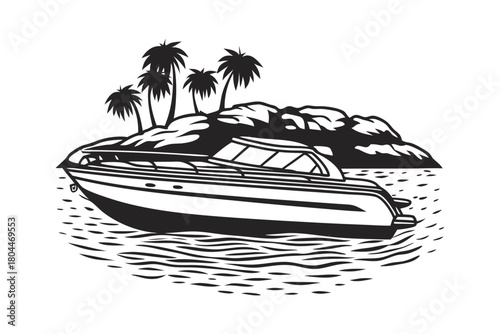 Luxurious yacht sailing towards a tropical island paradise under the sun in monochrome
