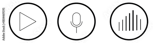 minimalist audio interface icons set featuring play button, microphone symbol, and waveform graphic in circular frames, ideal for media apps, podcast platforms, and digital communication tools