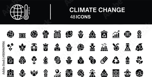 Climate change and global warming solid black icons set vector design of environmental crisis pollution recycle eco-friendly solution and nature protection symbols collection.