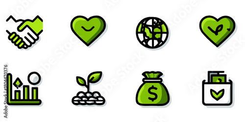 Collection of green icons representing charity finance growth and global support