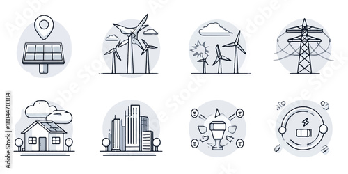 Collection of clean energy icons representing renewable power sources and sustainable technology solutions