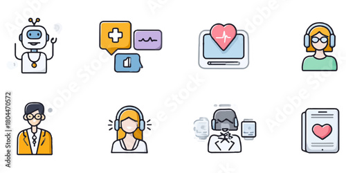 Collection of diverse medical and healthcare icons featuring professionals and technology