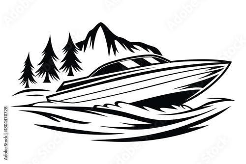 Modern boat moves through water near mountains and pines in a monochrome scenery