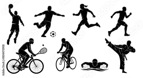 Silhouette illustration of various sports activities including running and ball sports and swimming