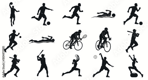 Silhouette illustrations showing various sports activities including running and swimming and ball games