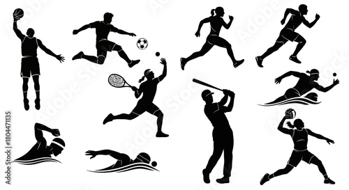 Silhouette illustrations of various sports activities on a white background in vector format