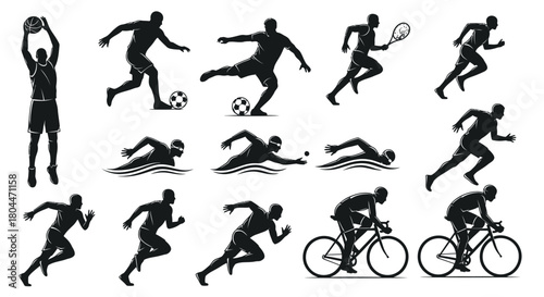 Collection of black and white silhouette illustrations of various sports activities on a white background