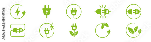 Electric plug and power outlet icon set with energy, charge, cable and voltage symbols on transparent background