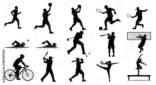 Silhouettes of various sports activities including running swimming and ball sports in a vector graphic