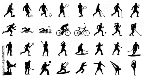 Silhouette illustrations depicting various sports activities and athletic movements in black and white