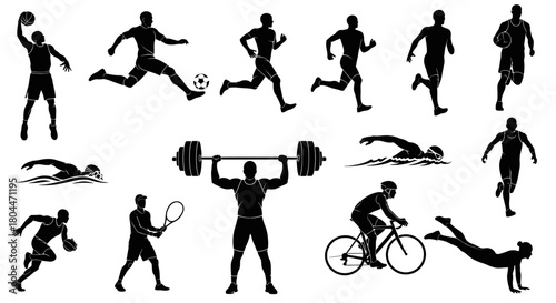 Silhouette illustrations of various sports activities including basketball and swimming icons