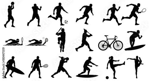 Silhouettes of various sports activities including running swimming and ball sports on a white background