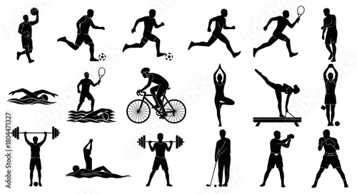 Silhouette illustrations showcasing diverse athletic activities and sports in various poses