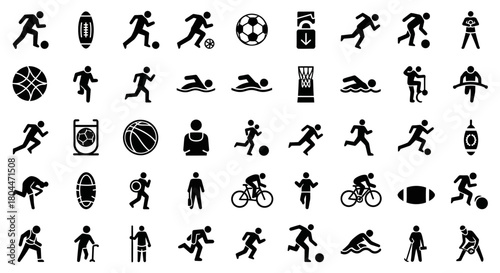 Collection of black and white sport icons showing various sports and activities in simple designs
