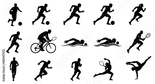 Collection of black silhouettes depicting various sports activities on a white background