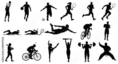 Silhouettes of various sports activities including running swimming and team and individual sports shown