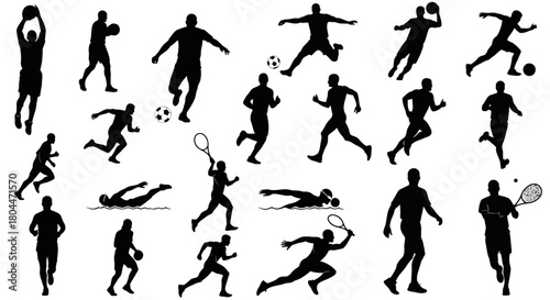 Silhouette collection of various sports activities including running swimming and ball games on white