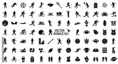 A collection of black and white sport icons representing various athletic activities and equipment