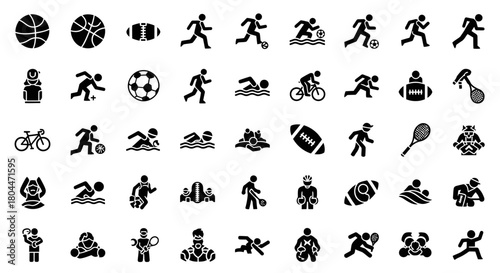 Collection of black silhouette sport icons including running swimming and ball sports on white background